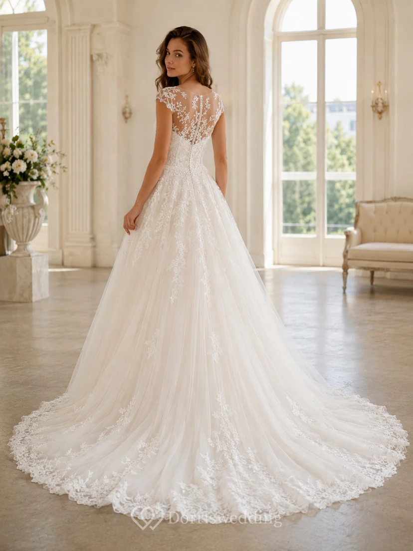 Robe de mariée romantique en dentelle et tulle illusion, coupe trapèze, ornée d'appliques et de boutons classiques dans le dos. view 2