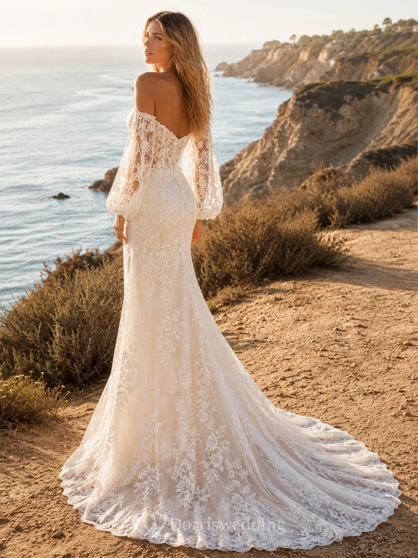 Boho Off-the-Shoulder Lace Mermaid Wedding Dress with Long Bishop Sleeves & Fitted Coastal Bridal Train view 2
