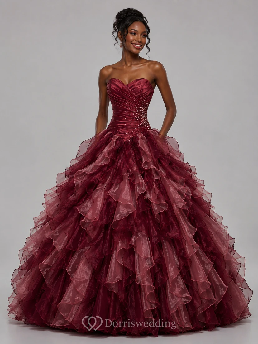Dreaming Sweetheart Ruched Ball Gown With Cascading Ruffles and Rhinestones view 5