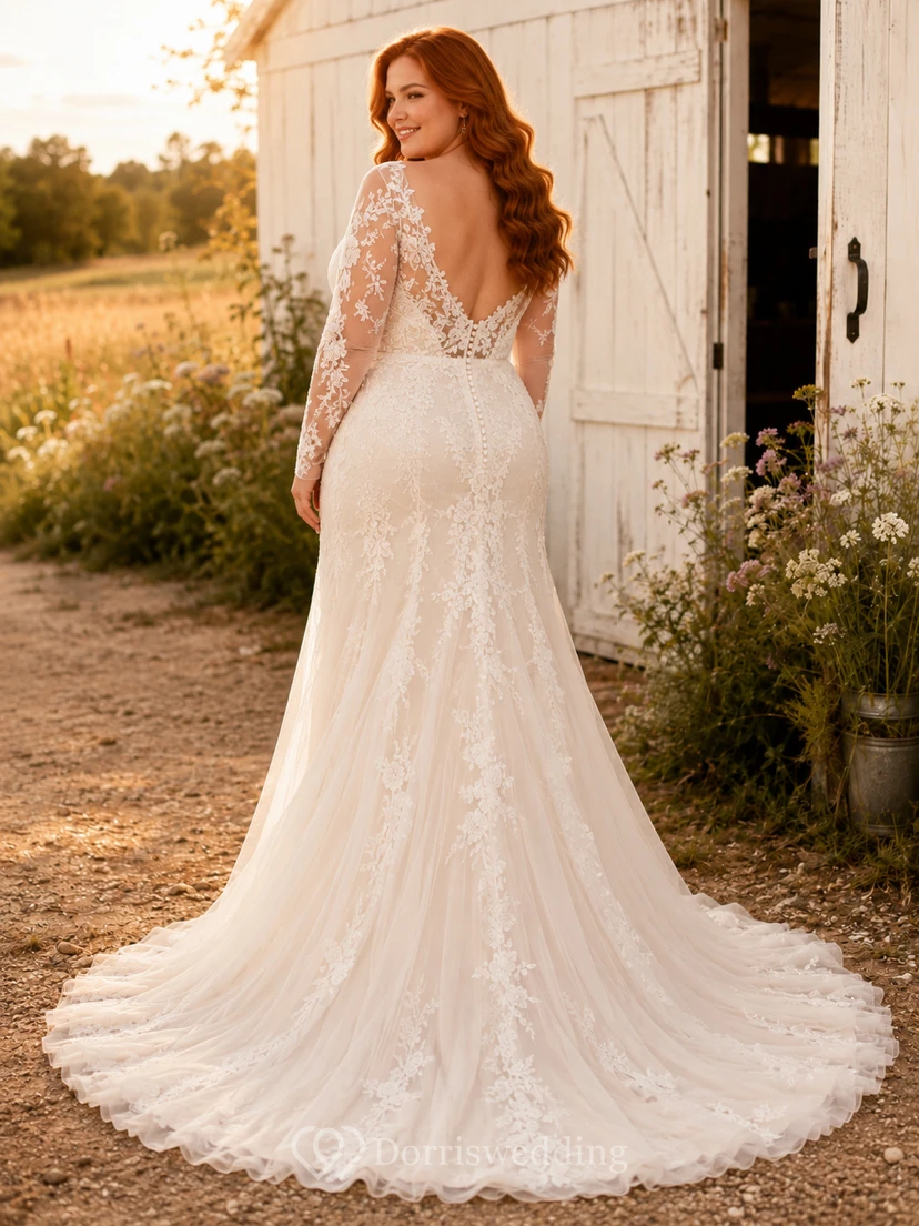 Vestido de novia de encaje estilo sirena con escote en V, manga larga, cola y abertura. view 2