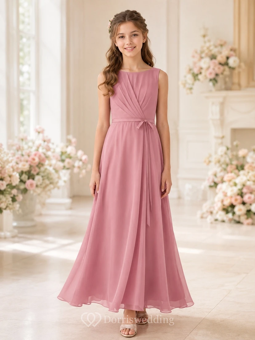 Bezauberndes, ärmelloses, rosafarbenes Chiffonkleid mit hohem Kragen, A-Linien-Schnitt und bodenlanger Silhouette für junge Brautjungfern
