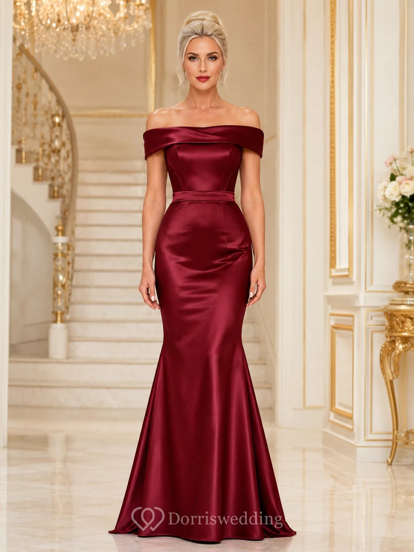 Robe de soirée sirène en satin satiné bordeaux à épaules dénudées sans manches et corset