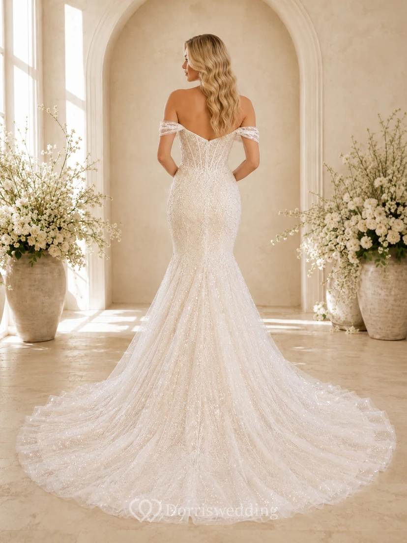 Brautkleid aus Spitze im Meerjungfrauenstil mit schulterfreiem Schnitt, Schleppe und tiefem V-Ausschnitt view 2