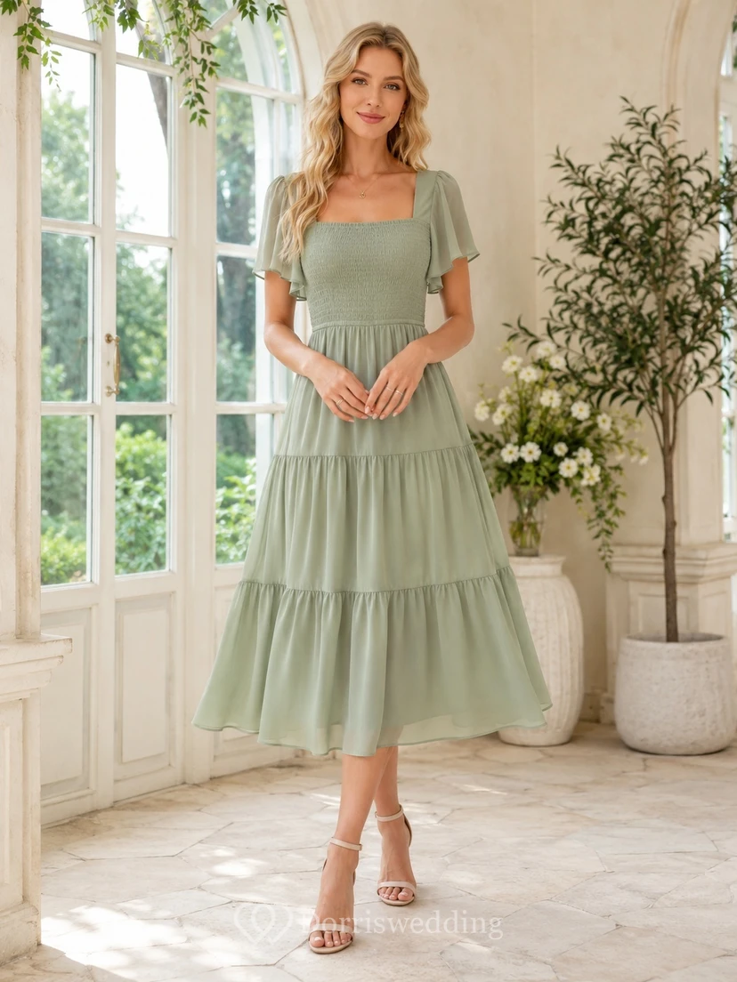 Salbeigrünes, gestuftes Chiffonkleid in A-Linie mit eckigem Ausschnitt und Puffärmeln in Teelänge