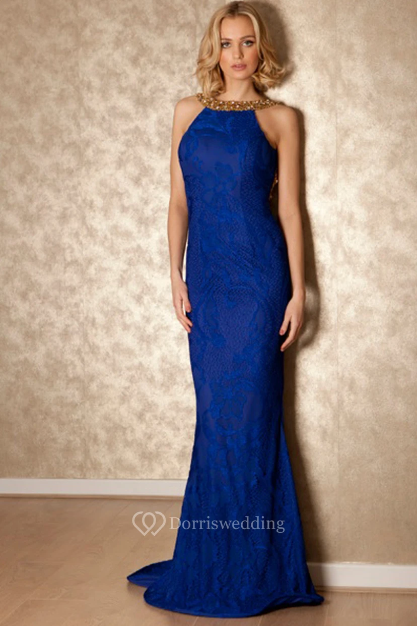 Beaded High Neck Sleeveless Lace Prom Dress With Brush Train