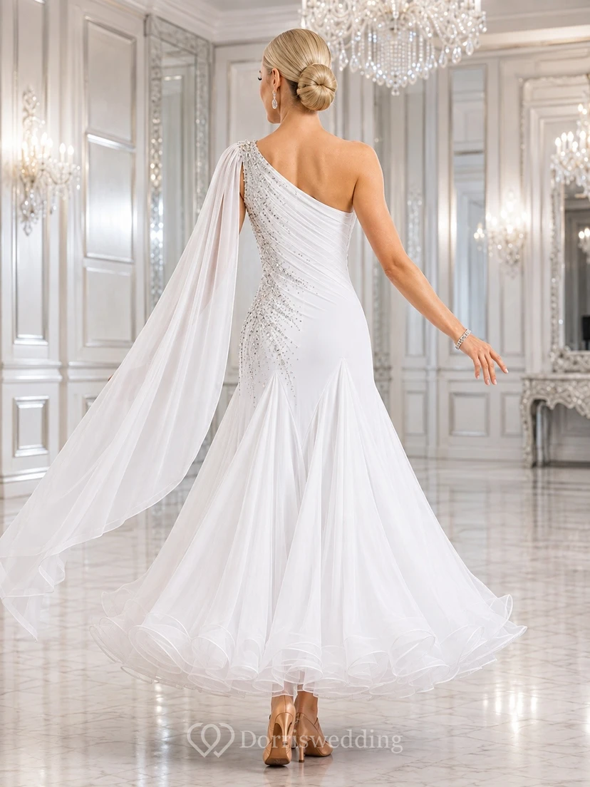 Satin One-shoulder Draped Cape Ball Gown Floor-length Evening Dress view 2