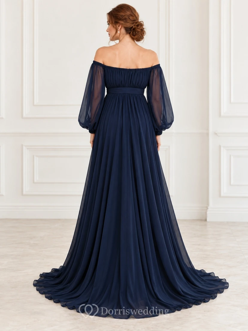 Maternity Long Sleeve Dark Navy Off Shoulder Empire Chiffon Gown view 2