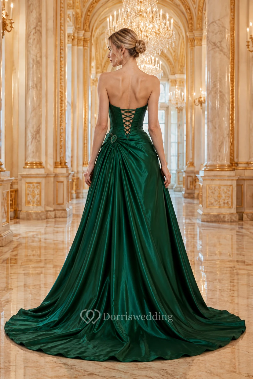 Prom Dress Dark Green Satin Ball Gown Strapless Sweetheart Draped Sweep Train view 2