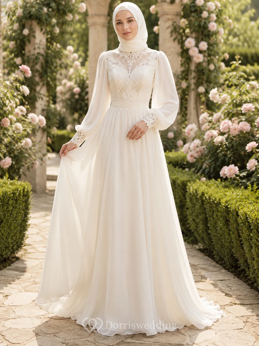 Summer Muslim Chiffon Lace Bodice A-Line Garden Wedding Dress