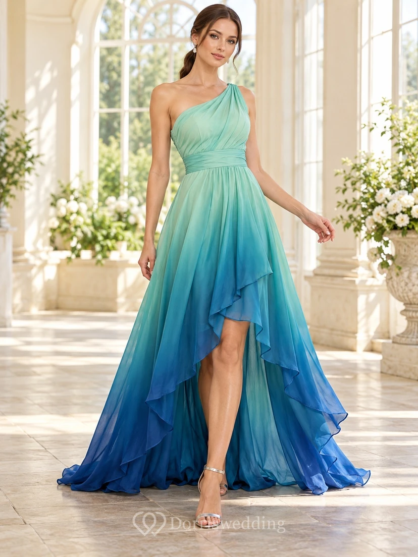 High-low Turquoise Blue Ombre One Shoulder Chiffon Formal Evening Gown