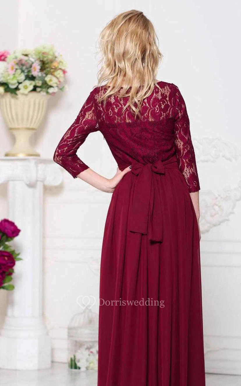 Kleid aus Chiffon in A-Linie mit U-Boot-Spitze, Illusion-Optik, 3-4 Ärmeln, Falten und bodenlang view 2