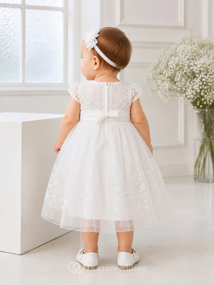 Modern Baby Baptism Christening Ceremony Dress A-Line Tea-Length Jewel Neck Cap Sleeve Tulle Lace Button Back view 2