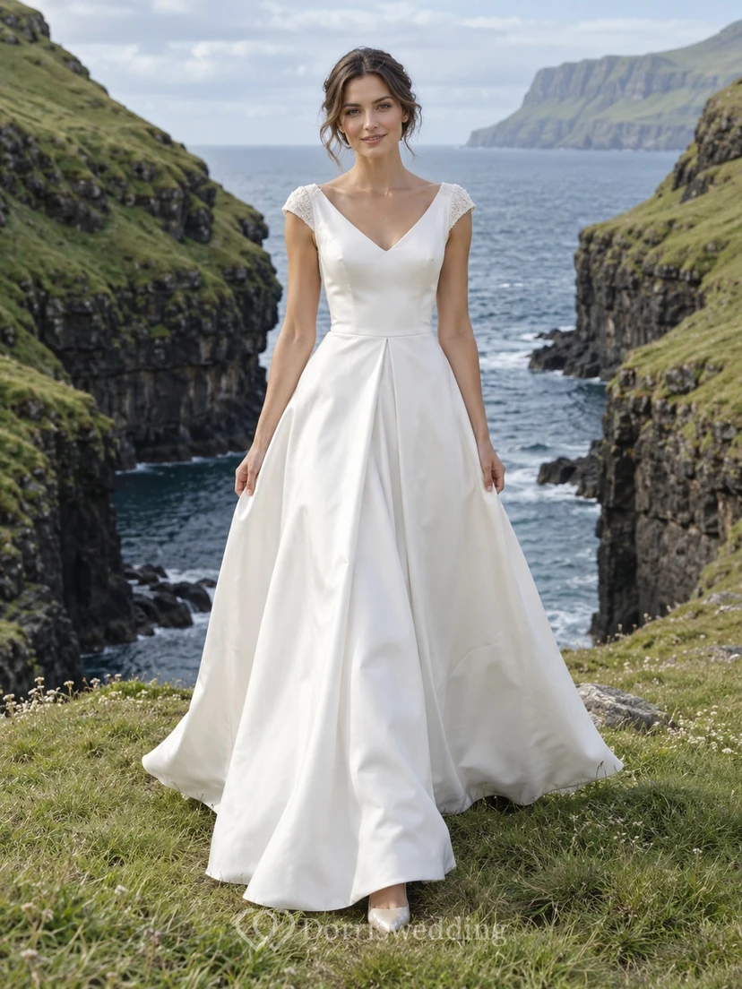 Vestido de novia de satén con escote en V, mangas cortas, corte en A, hombros de encaje y falda plisada.