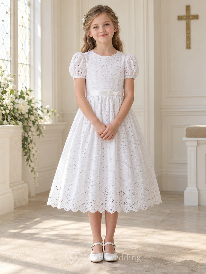 Modest White Tea-length Jewel Neck Puff Sleeve Eyelet Sash Communion Dress