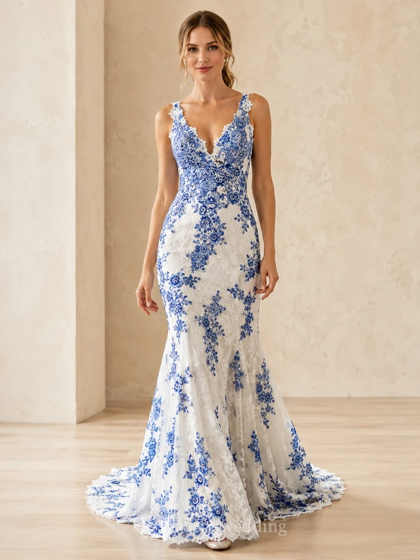 Robe de mariée romantique bleu roi à fleurs, sirène, col en V, sans manches, en dentelle, style sirène.