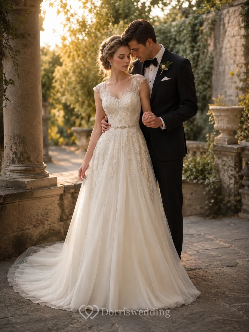 Empire-Brautkleid aus Chiffon mit Perlenbesatz, Falten und Raffungen sowie Schleppe
