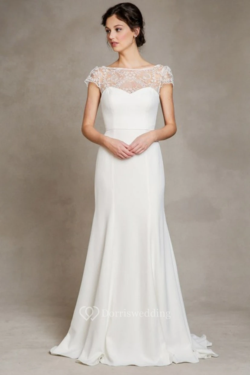 Sheath Scoop-Neck Floor-Length Cap-Sleeve Satin Wedding Dress view 5