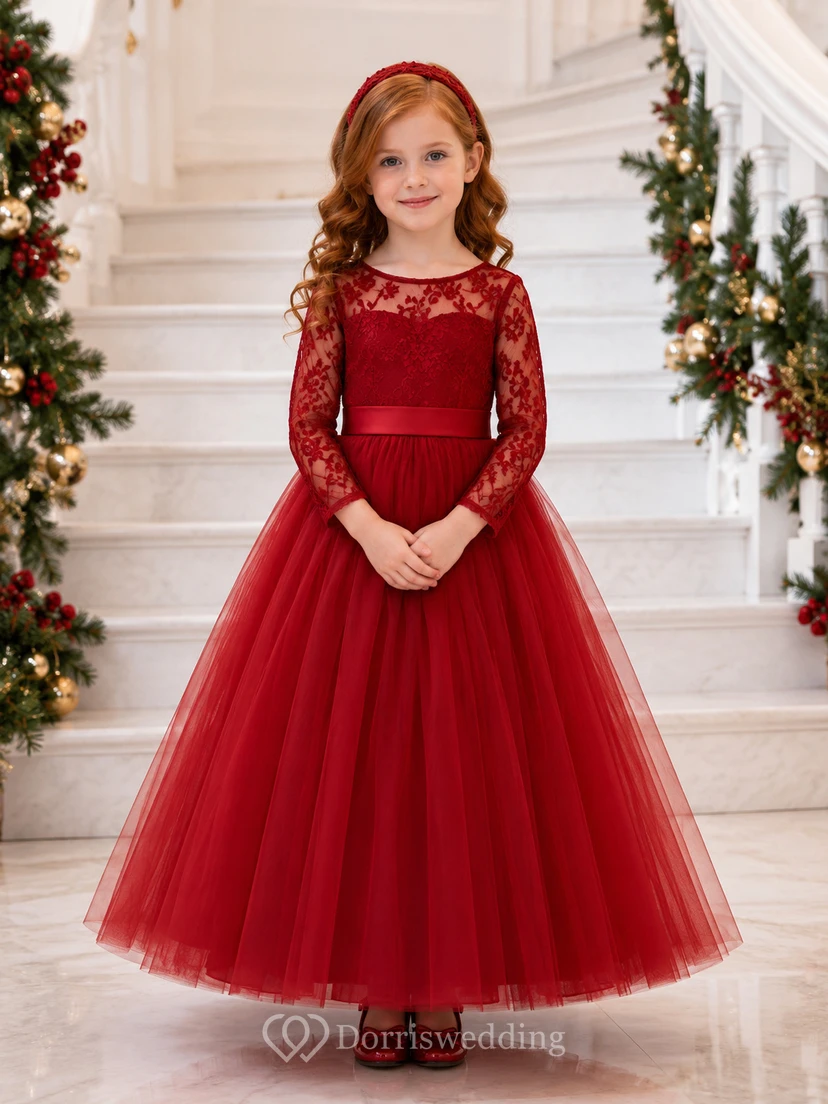 Red Jewel Neck Lace Long Sleeve Tulle Tea-Length Romantic Winter Flower Girl Dress
