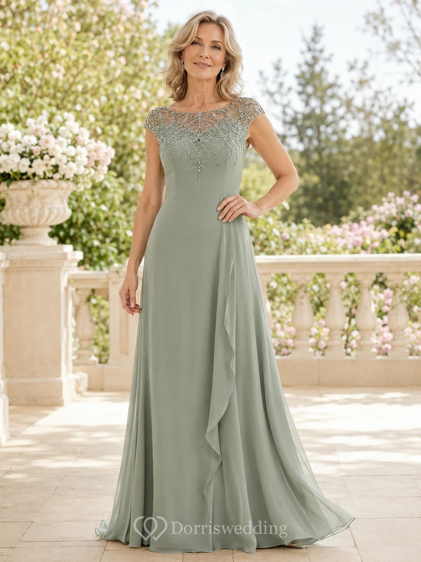 Salbeigrünes, luxuriöses, bodenlanges A-Linien-Chiffonkleid für die Mutter der Braut mit perlenbesetztem Illusionsausschnitt, ärmellosem Oberteil mit U-Boot-Ausschnitt und seitlichem Wasserfallsaum