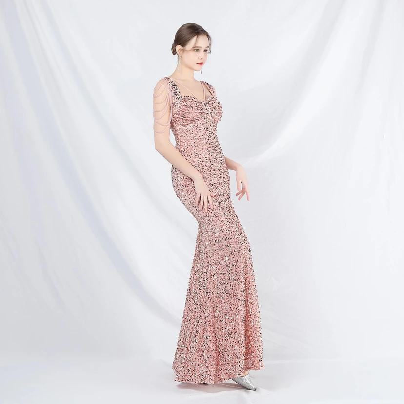 Ladies And Celebrities Formal Occasions Velvet-Bottomed Hand-Beaded Long Evening Dress view 3