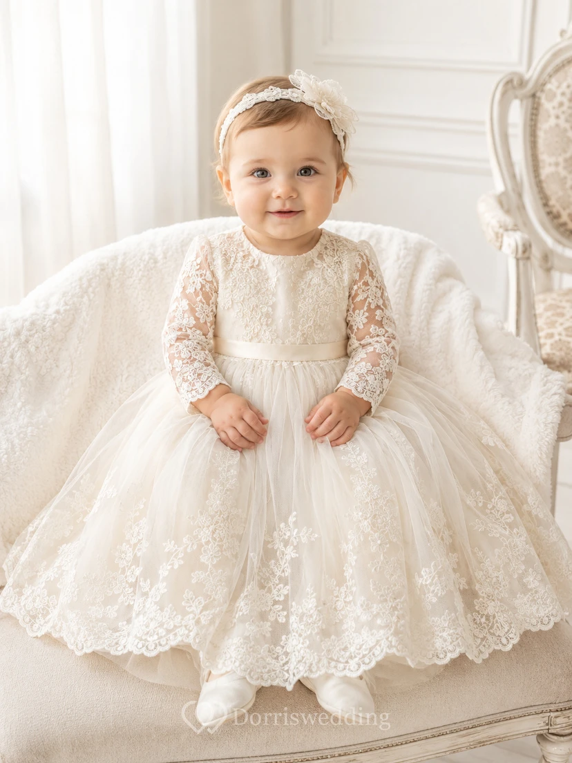 Long Sleeve Christening Dress A-Line Lace Tulle High Neck Tea-Length