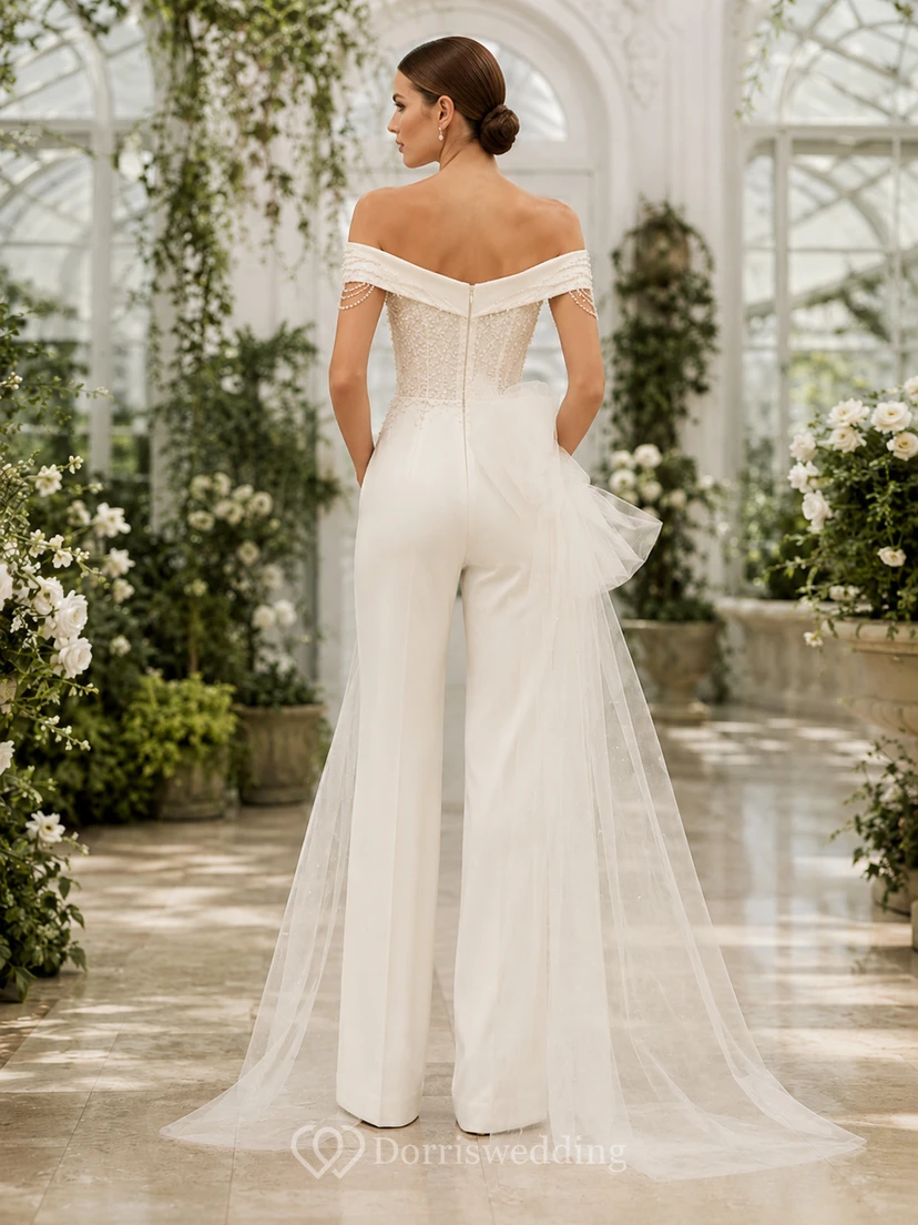 Lace Tulle Wedding Jumpsuit Off Shoulder Short Sleeve Sweep Train view 2
