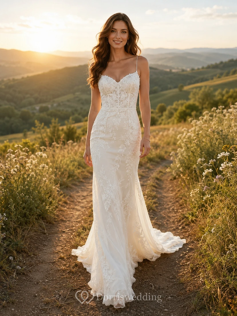 Robe de mariée champêtre en dentelle, coupe sirène, col V, sans manches, traîne chapelle, dos nu