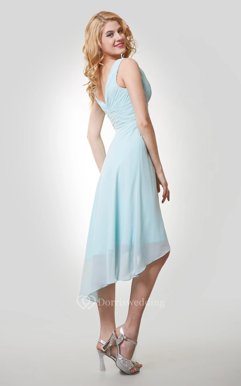 High-Low Chiffon Sleeveless V-Neck Dress With Ruching view 4