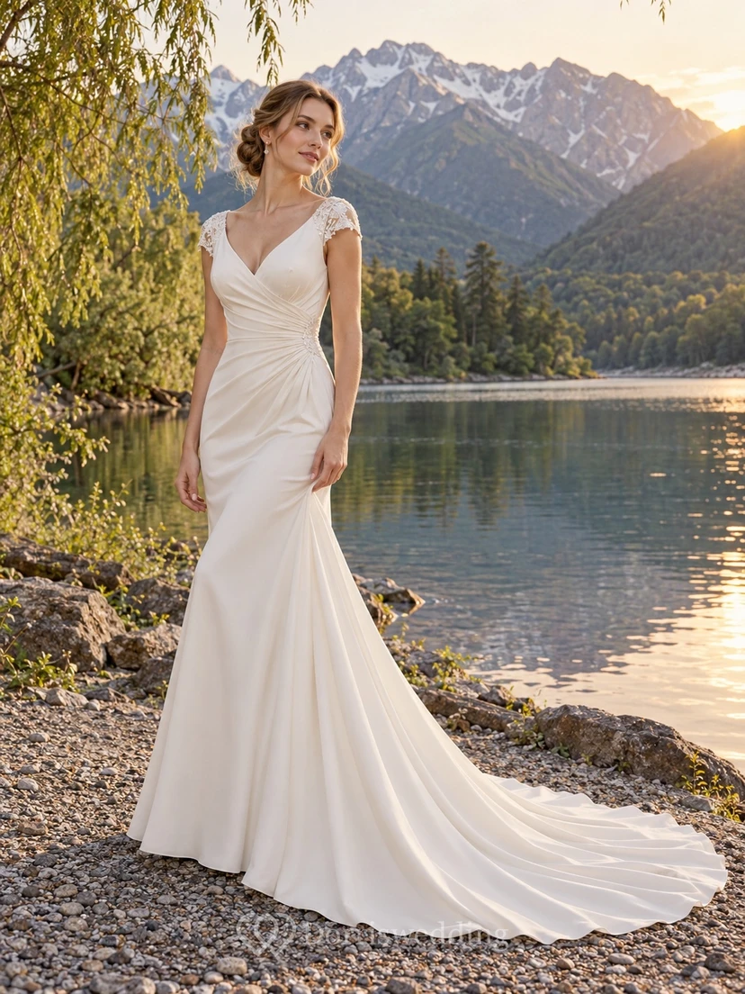Schlichtes Brautkleid im Meerjungfrauenstil mit V-Ausschnitt, kurzen Ärmeln und Drapierung