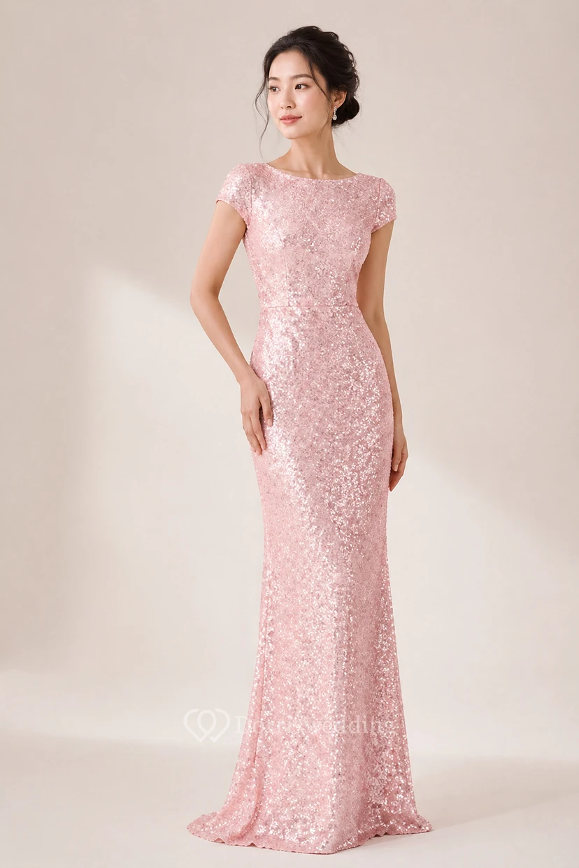 Sequin Gold Bridesmaid Dress | Long Sparkly MOB Glitter Gown with Sleeves view 9