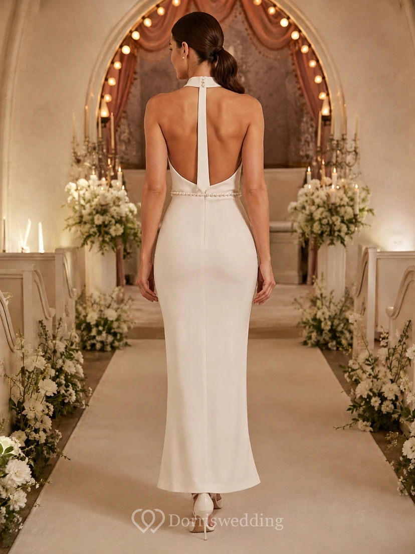 Civil High Neck Halter Backless Sheath Ankle-Length Split Simple Elopement Wedding Dress view 2