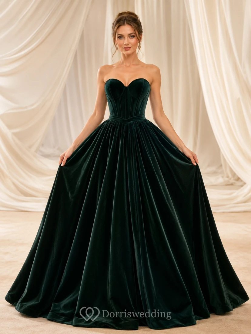 Luxury Dark Green Strapless Sweetheart Velvet Ball Gown Floor-Length Formal Dress
