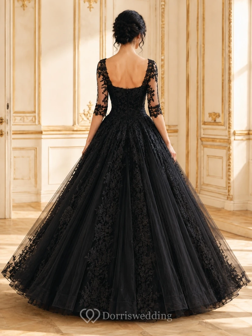 Black Romantic Luxury Square 3/4-Sleeve Lace-Tulle Tiered Ball-Gown Floor-Length Evening Dress view 2