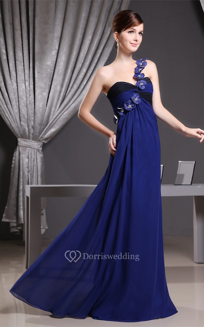 One-Shoulder Chiffon Maxi Ruched Dress With Flower view 2