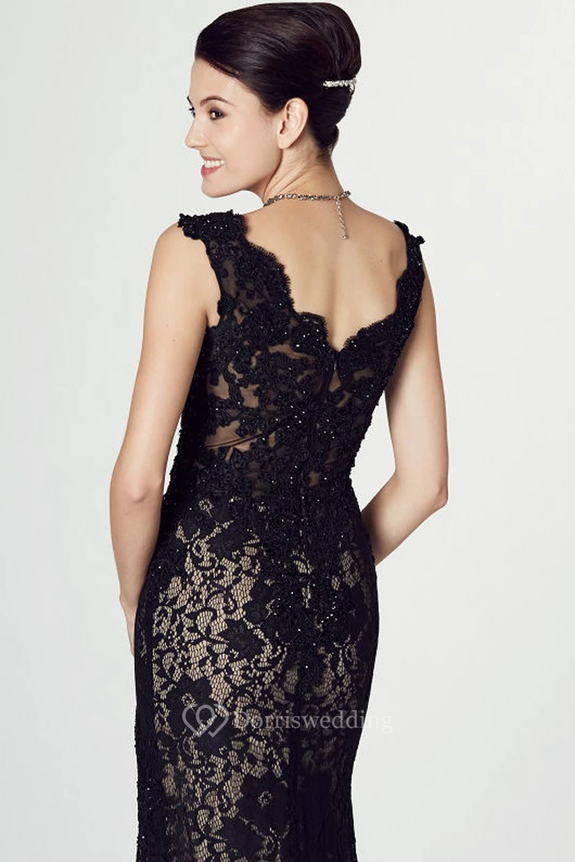 Floor-Length V-Neck Appliqued Sleeveless Lace Prom Dress With Split Front view 4