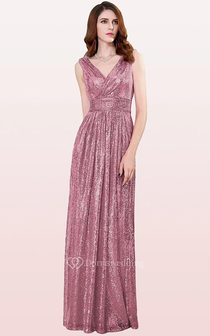 V-neck A Line Sleeveless Floor-length Sequins Bridesmaid Dress With Ruching view 6