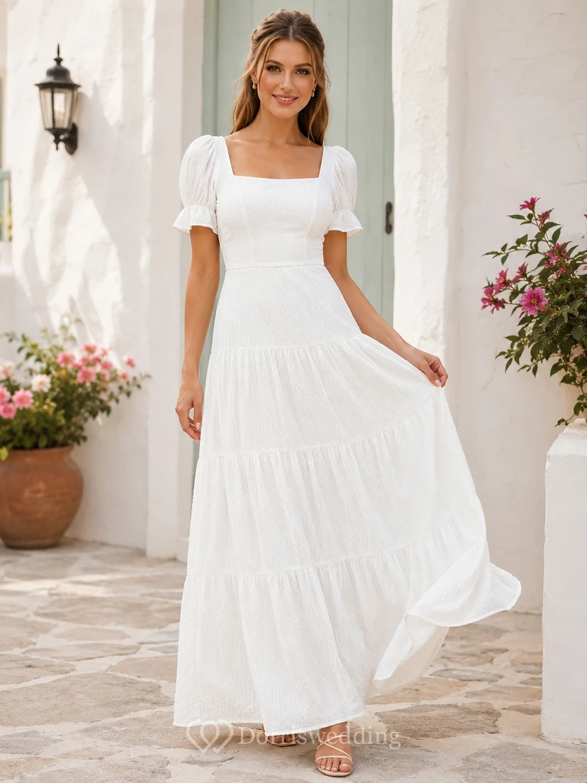 Bohemian White Square Neck Short Sleeve Chiffon A-Line Tiered Dress