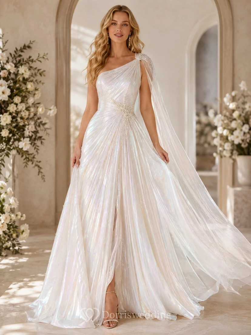 Vestido de novia formal sencillo, romántico y elegante de un solo hombro, corte en A.