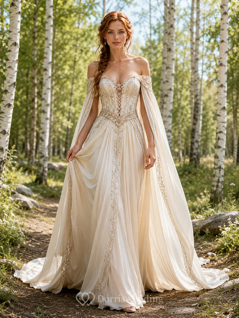 Wikinger-inspiriertes schulterfreies Brautkleid mit herzförmigem Ausschnitt, Korsett, Stickereien, Chiffon, A-Linie und Kathedralenschleppe