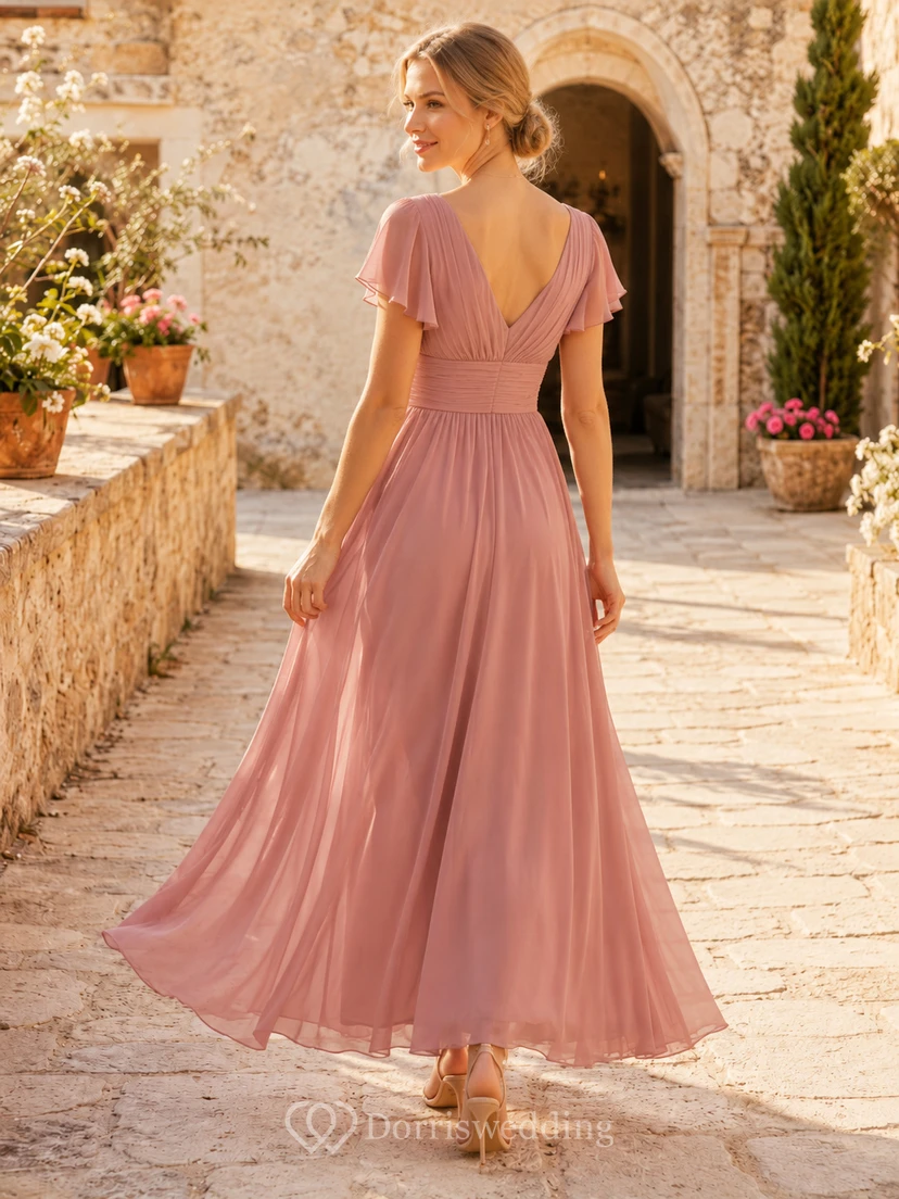 Romantic Dusty Rose V Neck Flutter Chiffon A Line Bridesmaid Gown view 2