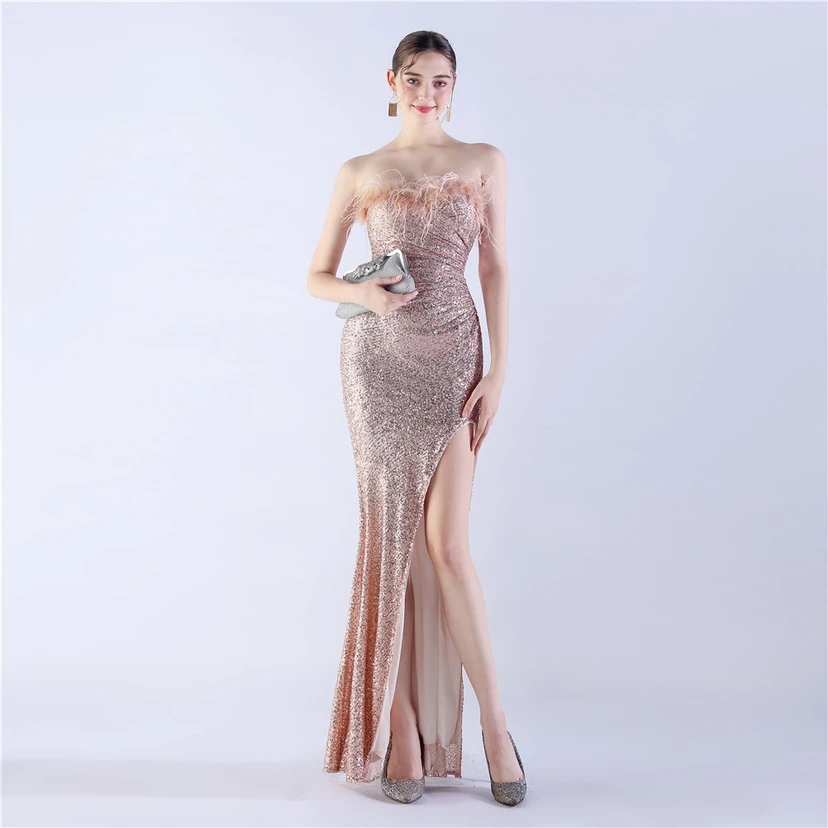 Ostrich Feather Plus Folding And Wrinkling Technology Host Dinner High-End Evening Dress view 14