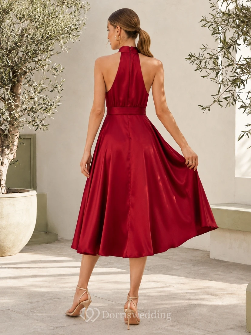 Red Halter Sleeveless Ruched Satin A-Line Tea-Length Dress view 2