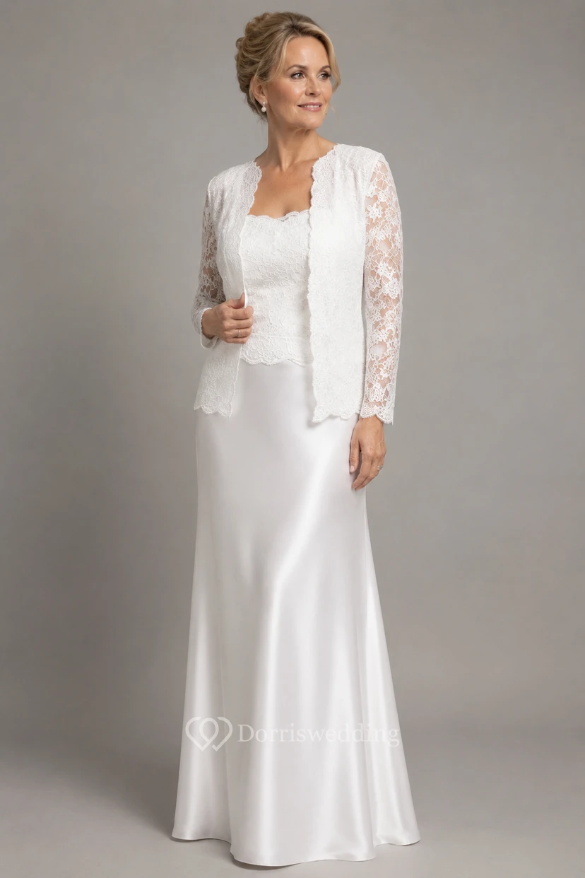 Robe de mère de la mariée violette en dentelle, manches longues, longueur au sol, avec veste view 5