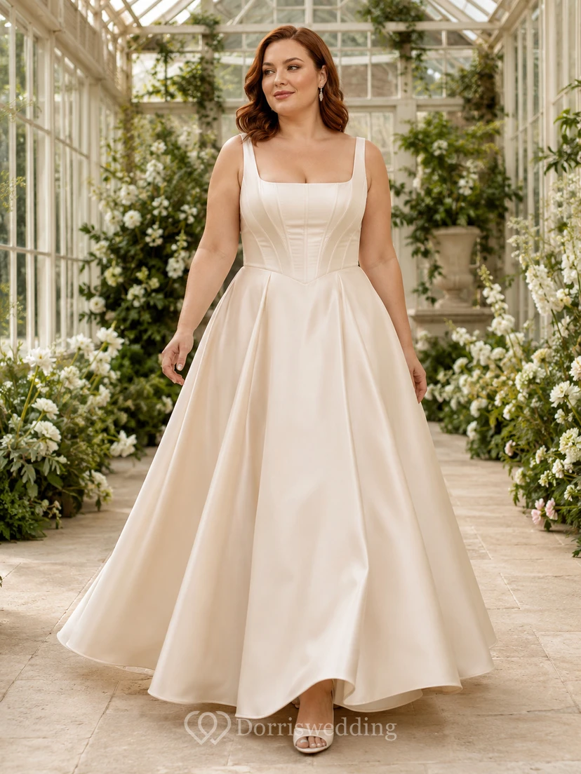 Robe de mariée longue en satin à col carré et col rond