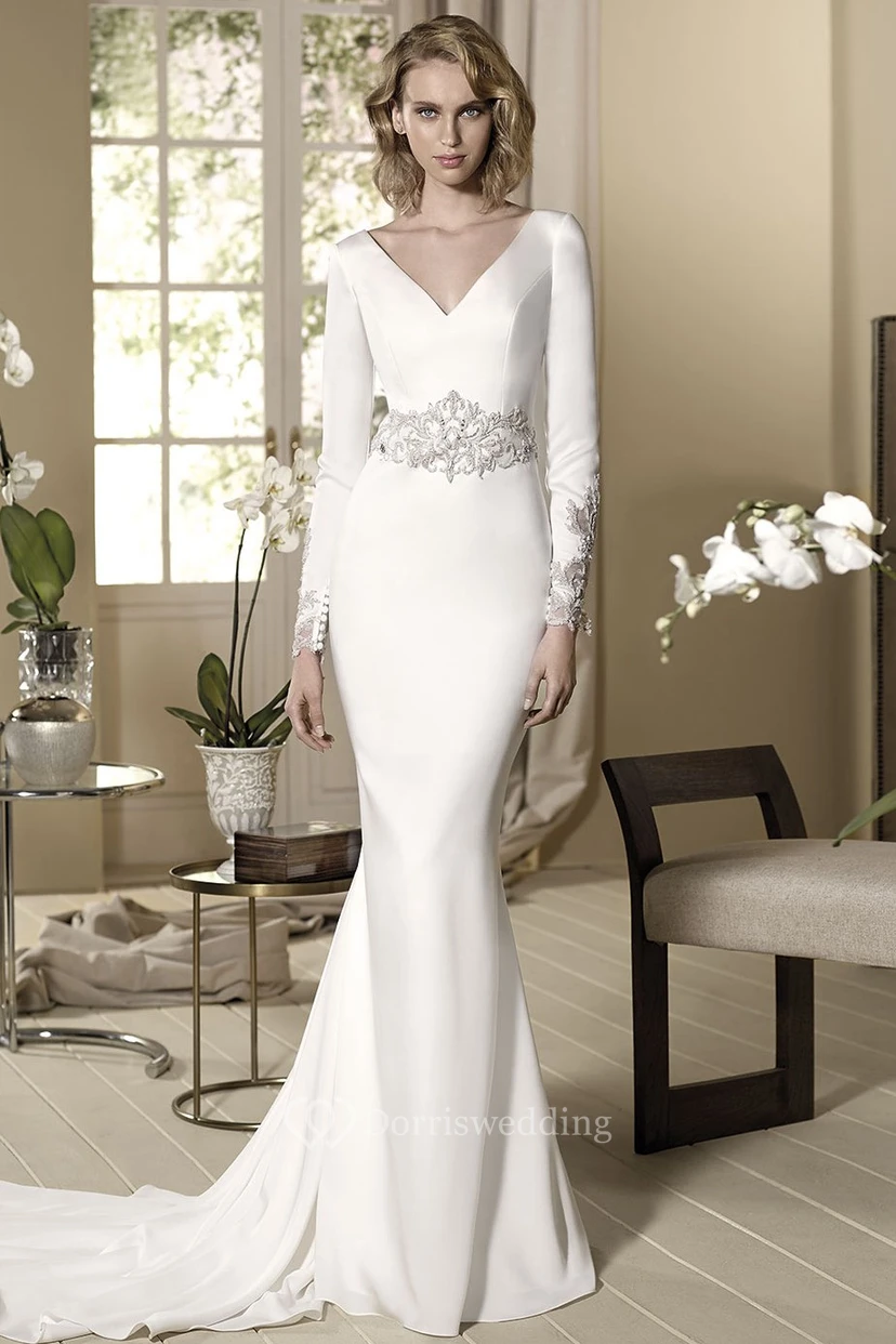 Sheath Beaded Long-Sleeve Floor-Length V-Neck Jersey Modest Wedding Dress
