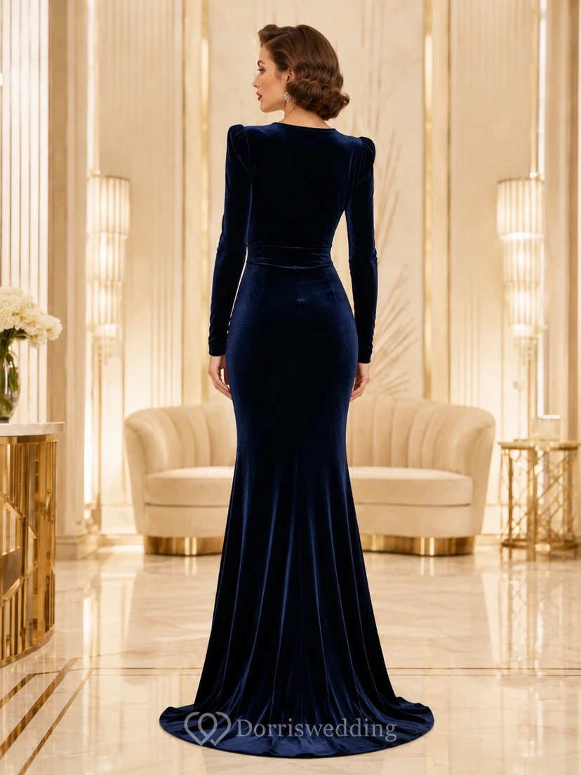 Dunkelblaues, langärmeliges Samtkleid im Vintage-Meerjungfrauen-Stil view 2
