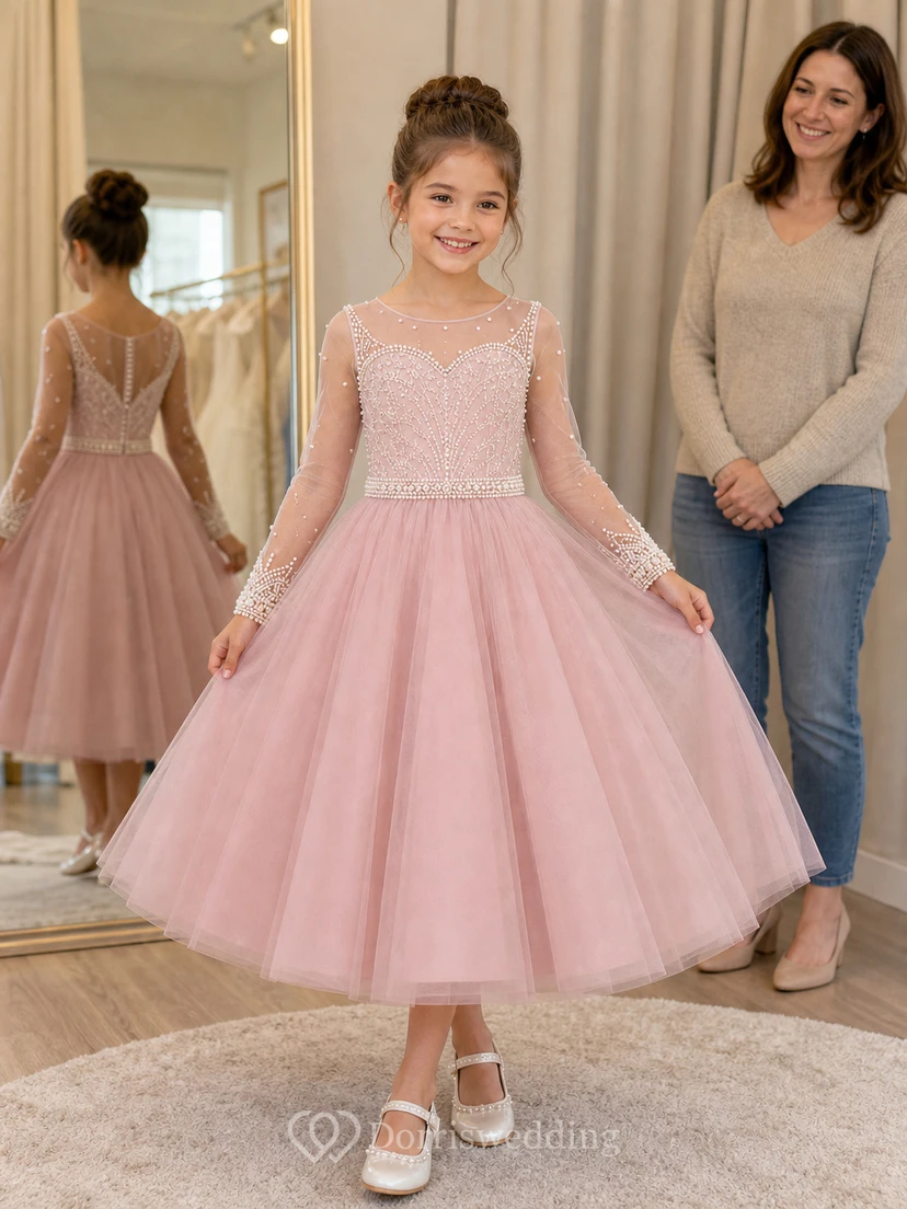 A-line Tea-length Long Sleeve Illusion Tulle Lace Flower Girl Dress with White satin skirt with long illusion lace sleeves view 10