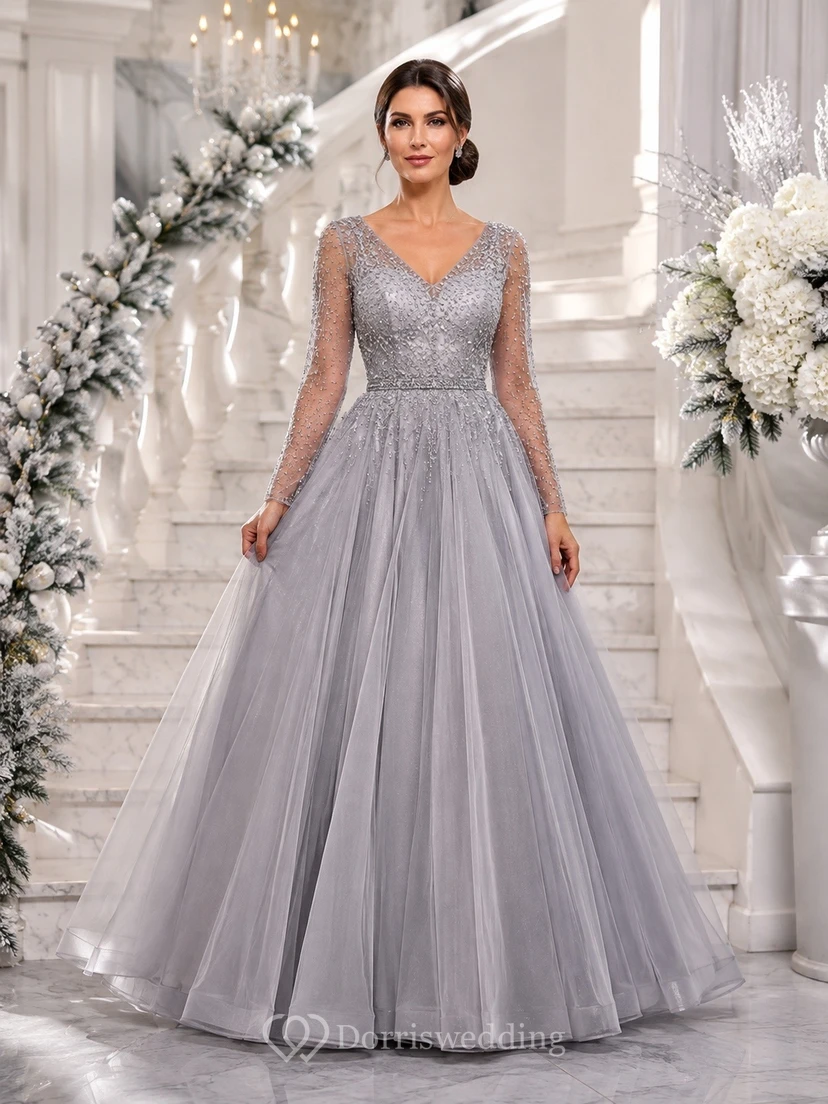 Silver Tulle Jewel Neck Sleeveless Ball Gown Floor-length Formal Dress