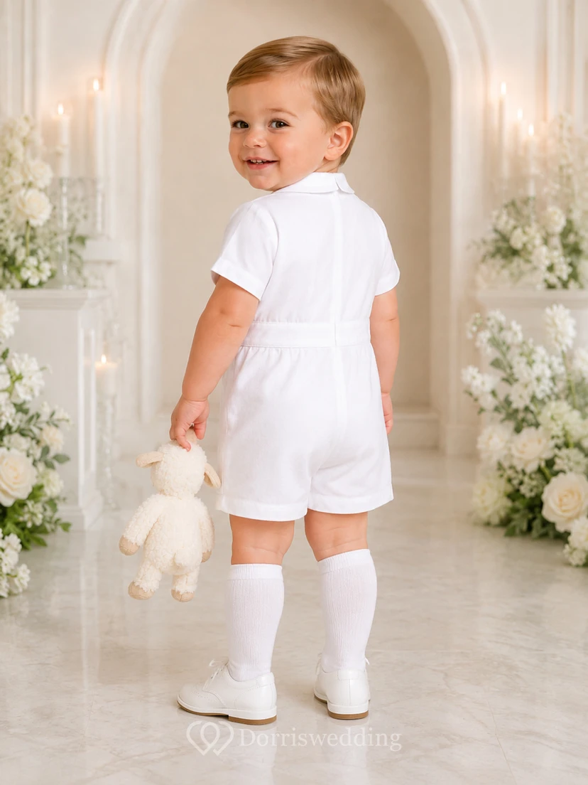 White Pintuck Double Button Short Sleeve Formal Baby Romper for Baby Boy view 2