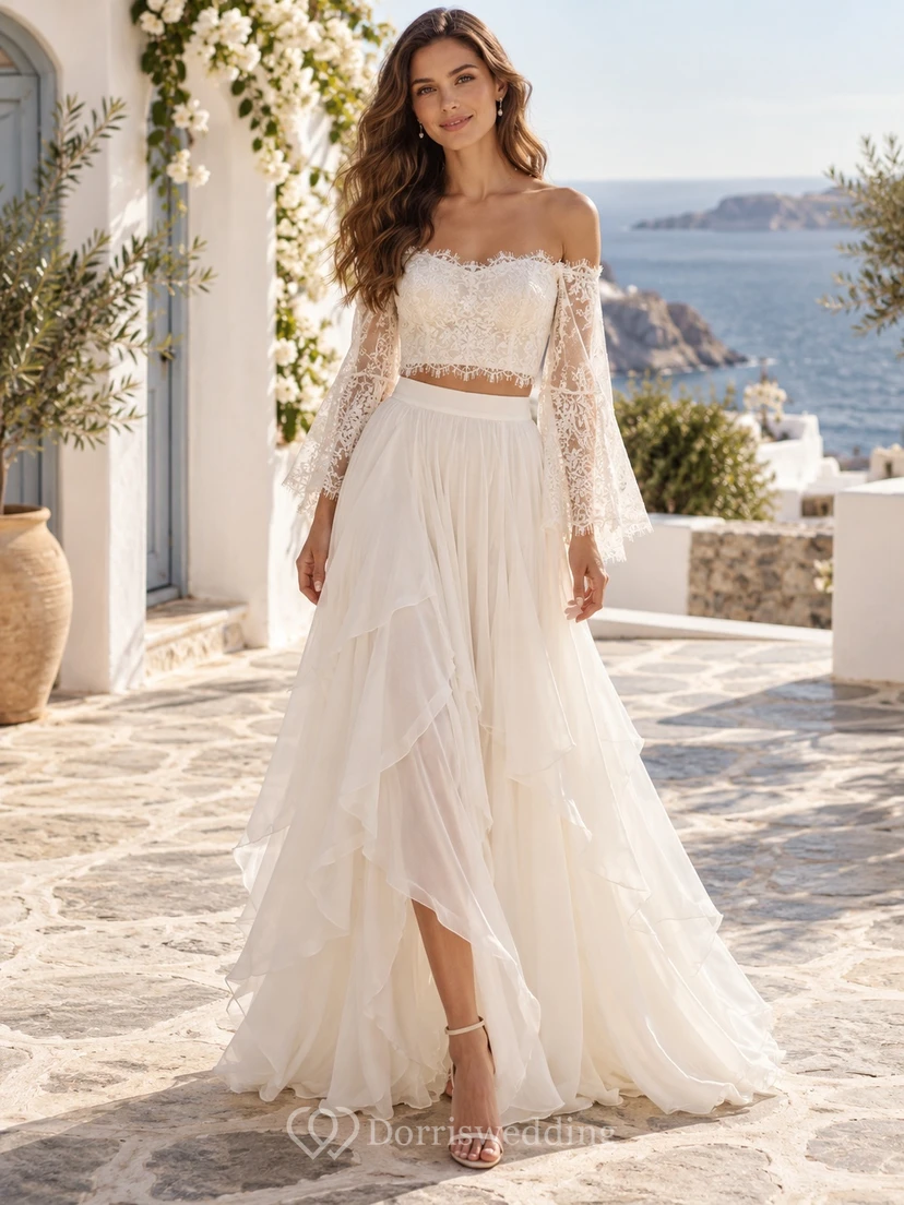 Two Piece Boho Long Bell Sleeve Tiered Chiffon Wedding Dress
